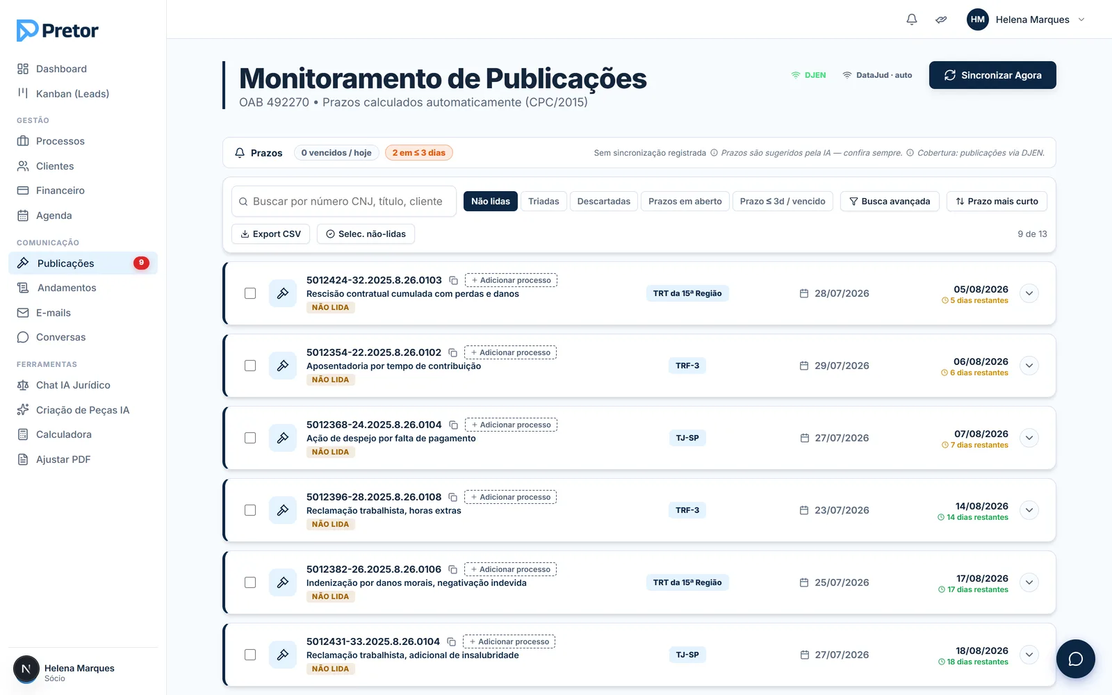 Tela de publicações do Pretor com os prazos calculados